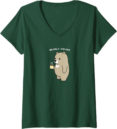 Womens Animal Pun "Bearly Awake", Sleepy Bear with a Cup of Coffee V-Neck T-Shirt