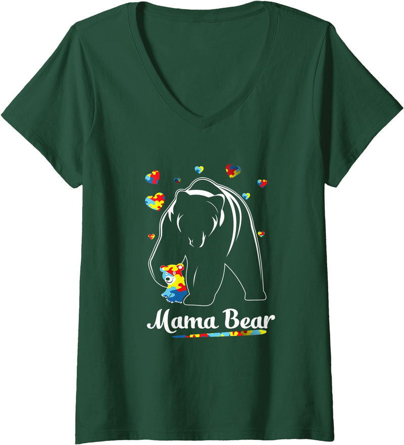 Autism Bear T-shirts Womens Autism Mom Mama Bear Mother’s Day Cute Autism Matching V-Neck T-Shirt - Dark Green