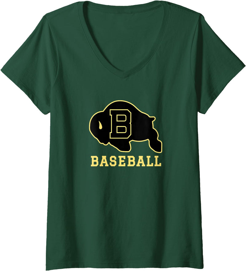 Buffalo High School, Buffalo, WY 82834 Women's Buffalo High School WY Logo Baseball V-Neck T-Shirt - Dark Green