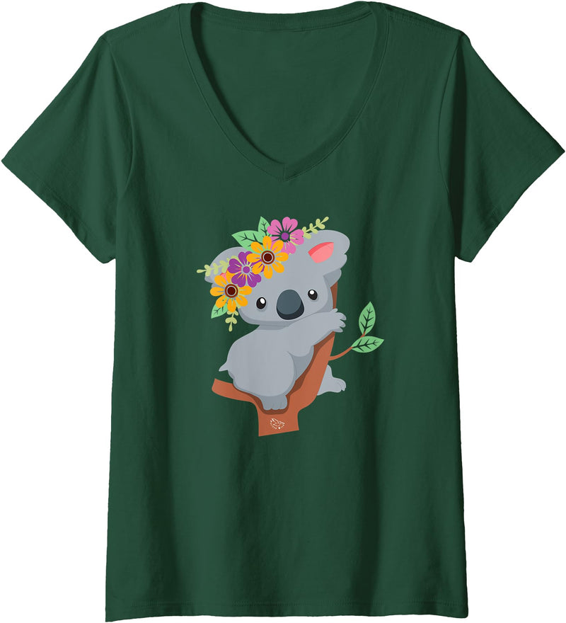 PelicanWild Womens Australian Gift - Cute Koala Bear V-Neck T-Shirt - Dark Green