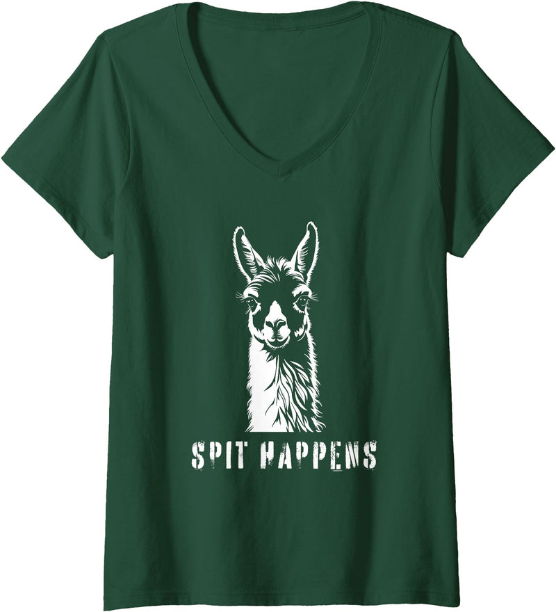 Womens Funny Llama Spit Happens - Llama Drama V-Neck T-Shirt - Dark Green