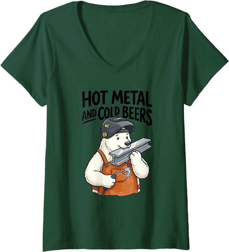 Welder Bear Humor Studio Women's Hot and Cold Beers Humor Dad Joke Polar Bear Welder Welding V-Neck T-Shirt - Dark Green