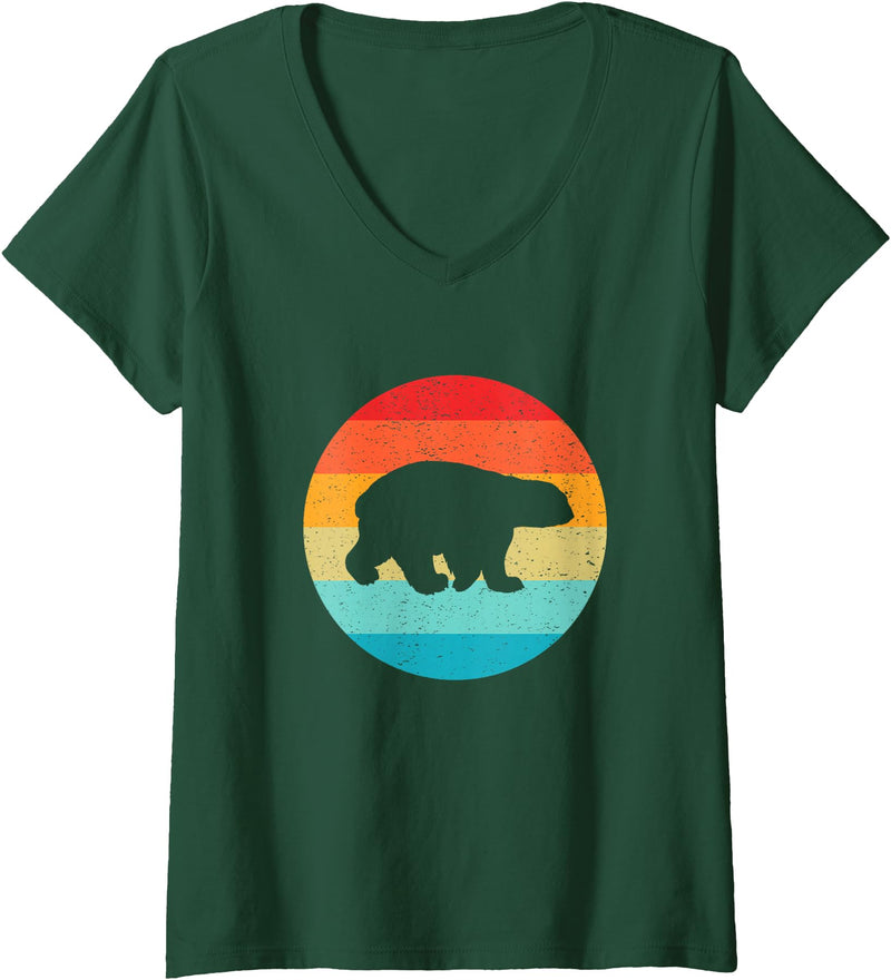 Funny Silhouettes in Retro Sunset Designs Women's Polar Bear Silhouette Retro Vintage Sunset 80s Distressed V-Neck T-Shirt - Dark Green