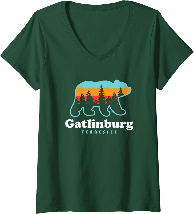 Great Smoky Mountains TN Travel Womens Gatlinburg Tennessee Bear Great Smoky Mountains V-Neck T-Shirt - Dark Green