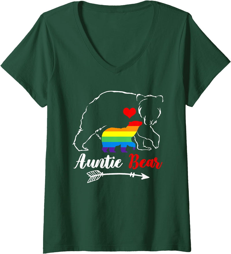Funny Bear Family Gay LGBT Pride HBL Womens LGBT Auntie Bear Aunt Gay Pride Proud Mom Mother's Day V-Neck T-Shirt - Dark Green