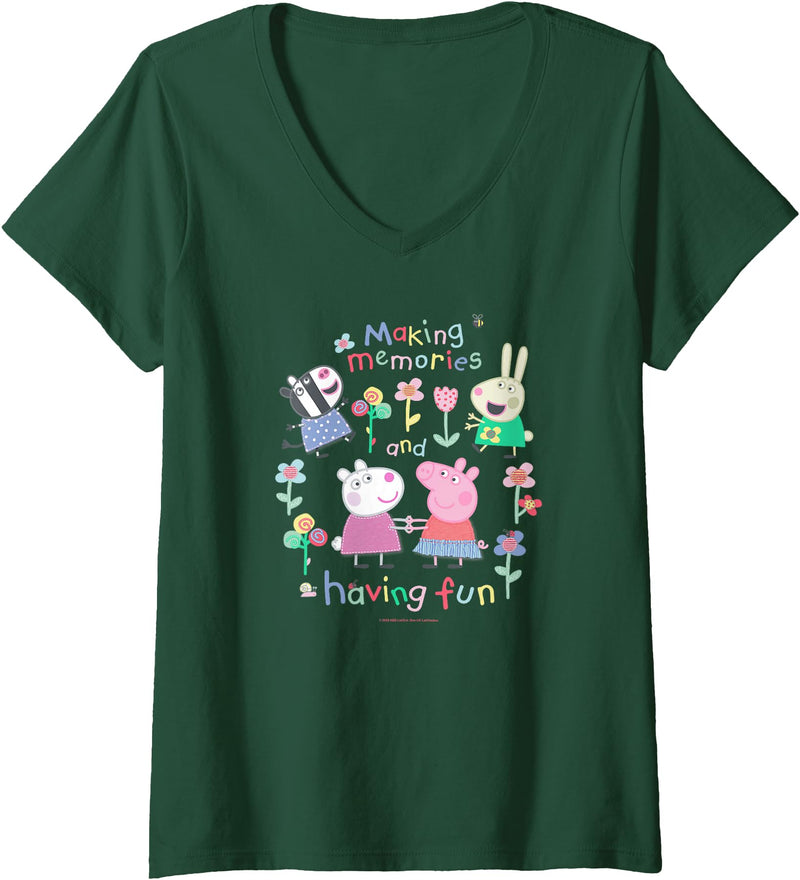 Womens Peppa Pig Making Memories And Having Fun Garden Party Sketch V-Neck T-Shirt - Dark Green