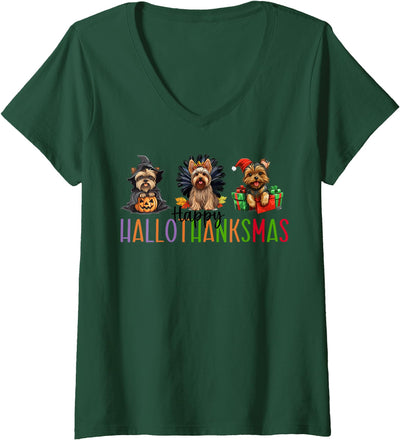 Yorkie Christmas Halloween Thanksgiving Dog Happy HalloThanksMas Yorkie, Yorkshire Terrier Holiday V-Neck T-Shirt