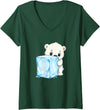 Cute Polar Bear Ice Cube Arctic Kawaii Women's Adorable Baby Polar Bear Hugging Big Ice Cube V-Neck T-Shirt - Dark Green