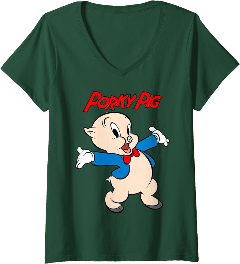 Womens Looney Tunes Porky Pig Vintage Portrait V-Neck T-Shirt - Dark Green