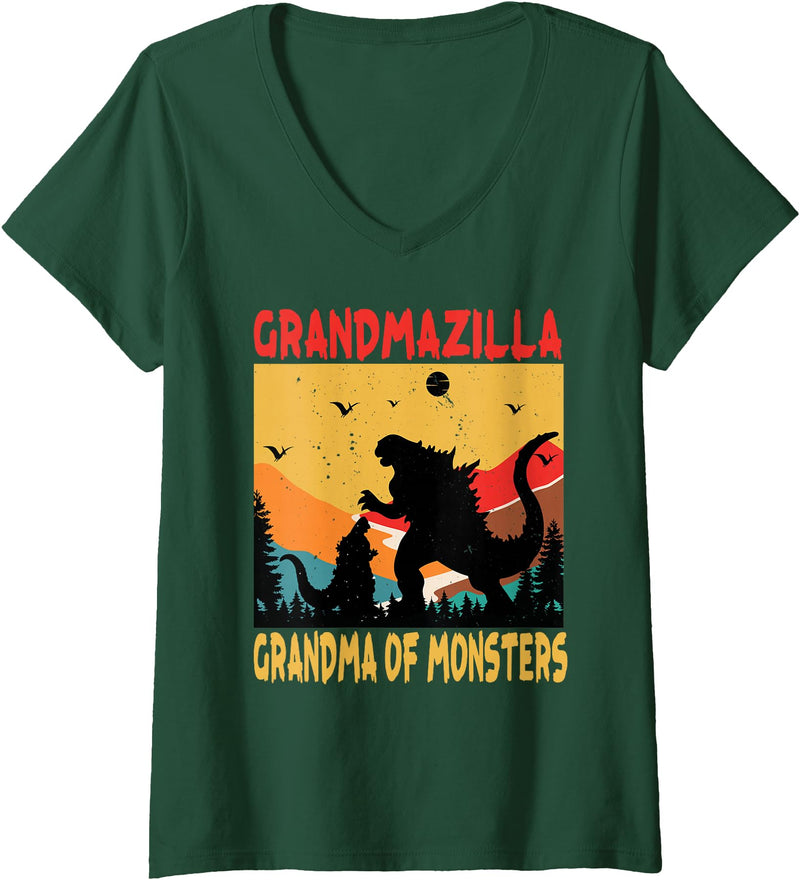 Grandma Halloween Designs Women's Grandmazilla Grandma Of Monsters Women Halloween Christmas V-Neck T-Shirt - Dark Green