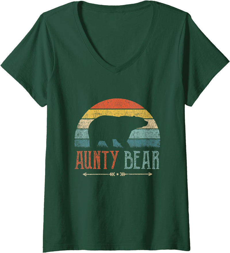 Cute Bear Family Matching Shirts & Gifts Womens Aunty Bear Vintage Retro Aunt Present Auntie V-Neck T-Shirt - Dark Green