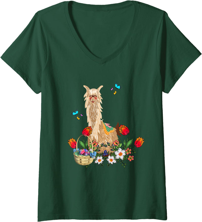 Easter Lama, Llama Lover Womens Lama, Llama With Easter Eggs Basket V-Neck T-Shirt - Dark Green