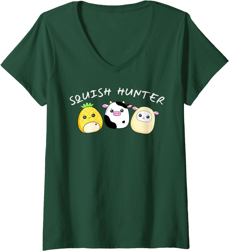 Funny anime designs Womens Squish hunter cute animals pineapple cow lamb V-Neck T-Shirt - Dark Green