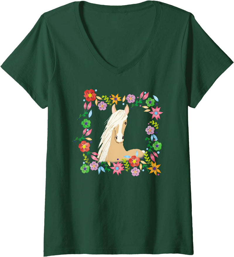 Horse Gifts by D. Womens Palomino Horse Lover V-Neck T-Shirt - Dark Green