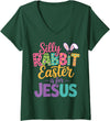 Women's Silly Rabbit Easter Is for Jesus Funny V-Neck T-Shirt in Dark Green