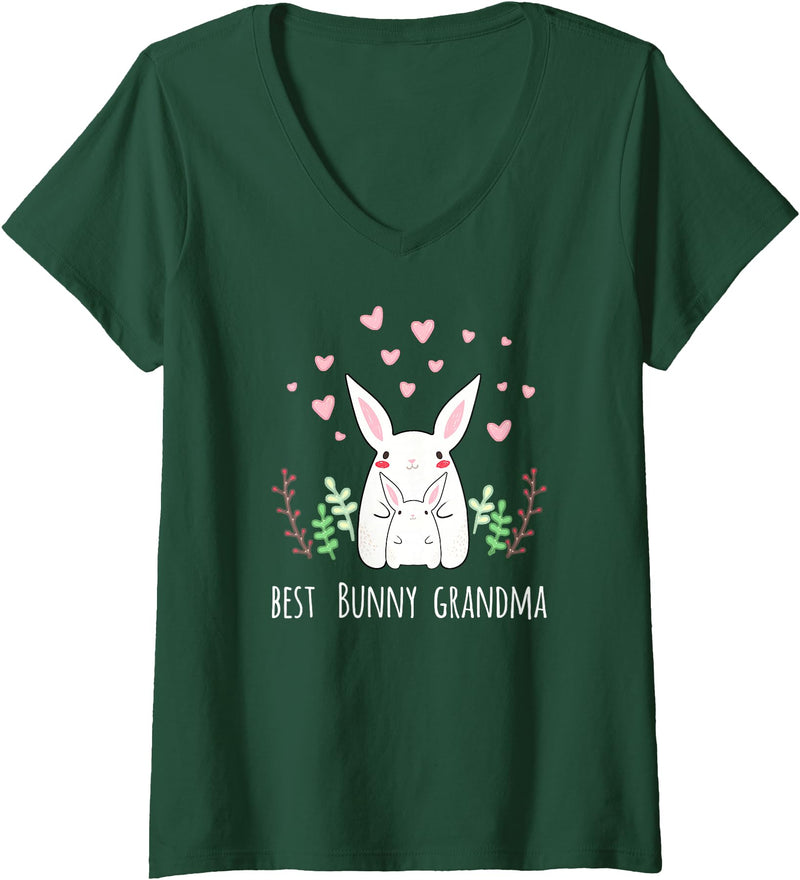 Women's Cute Bunny Grandma Rabbit Grandmother V-Neck T-Shirt in Dark Green