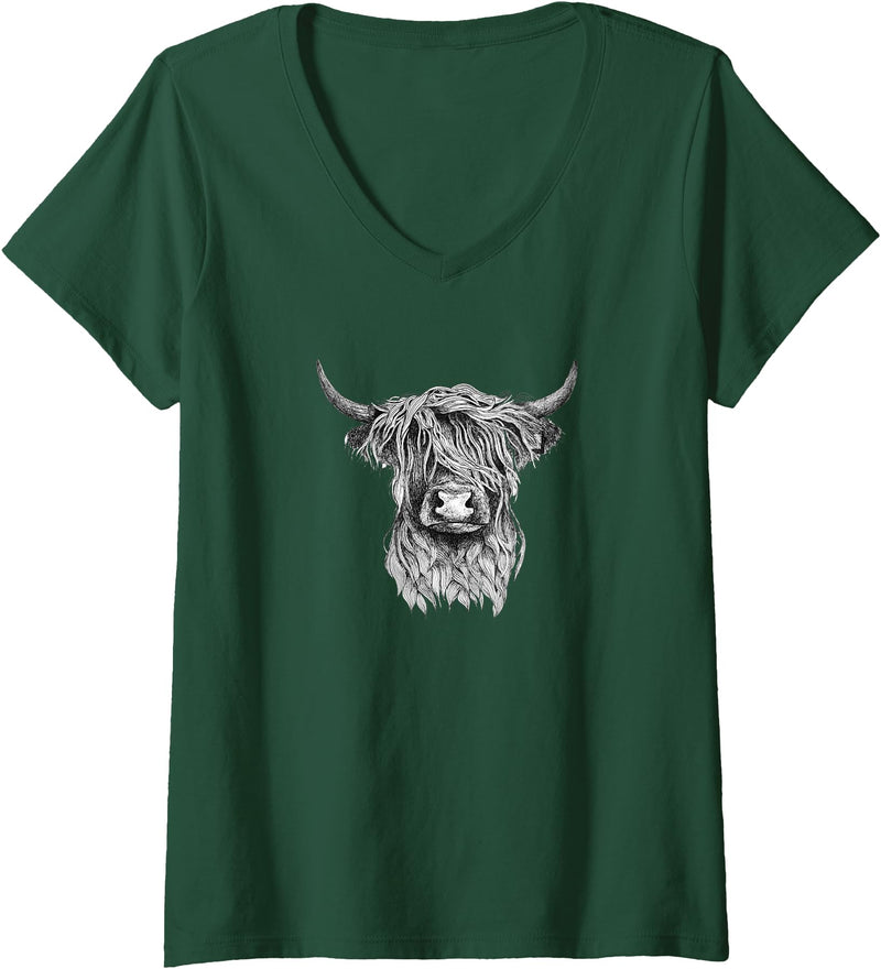 Highland Cow Wildlife T-Shirts Womens Highland Cow - Hand Drawn Illustration T-Shirt V-Neck T-Shirt - Dark Green