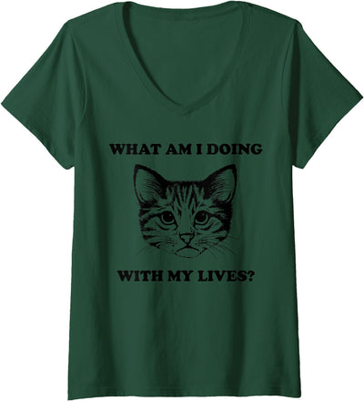 What Am I Doing With My Lives Graphic Cat Tees Womens Womens What Am I Doing With My Lives Funny Cute Cat Sayings V-Neck T-Shirt