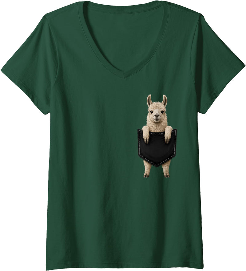 Funny Llama in Pocket Women's Llama Lover Cute Pocket V-Neck T-Shirt - Dark Green