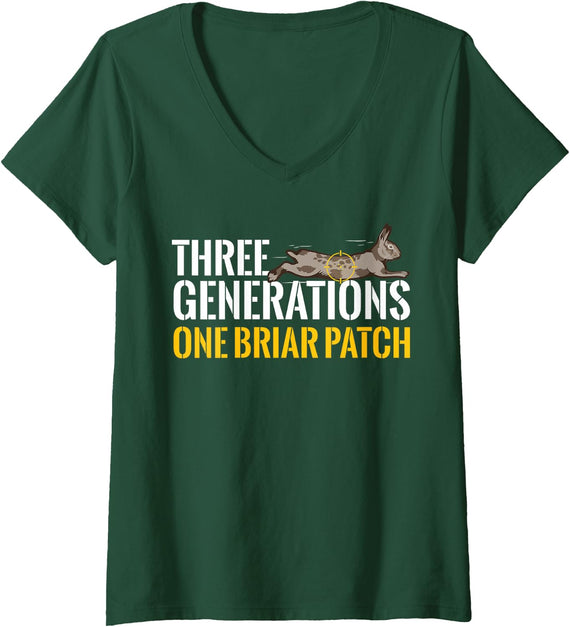 Women's Three Generations One Briar Patch Rabbit Hunting Cottontail V-Neck T-Shirt - Dark Green