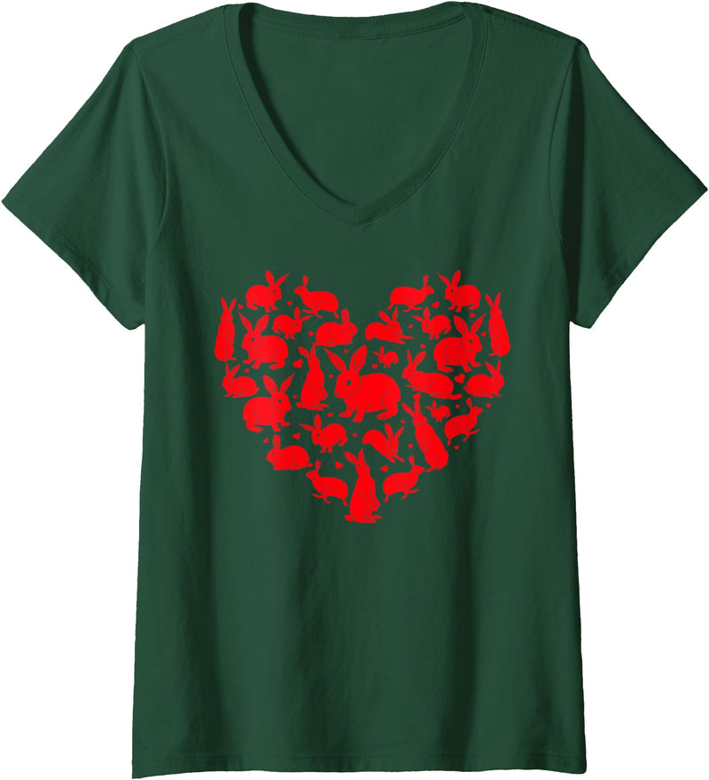 Womens Bunny Rabbit Lover Funny Heart Love Rabbit V-Neck T-Shirt in Dark Green