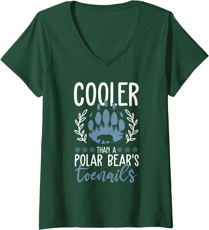 Polar Bear Apparel and Gifts Women's Funny Polar Bear Quote - Cooler Than A Polar Bear's Toenails V-Neck T-Shirt - Dark Green