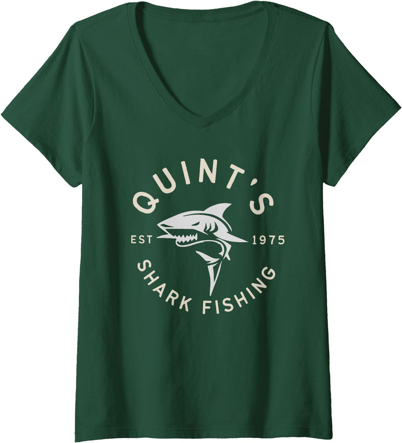 Funny Quints Shark Fishing Womens Vintage Quint's Shark Fishing 1975 Retro V-Neck T-Shirt - Dark Green