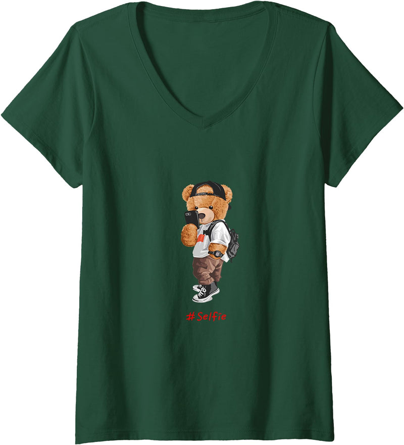 Bahaa's Tee Womens Men's Women's Kids Teddy Bear Graphic Cool Designs Funny V-Neck T-Shirt - Dark Green