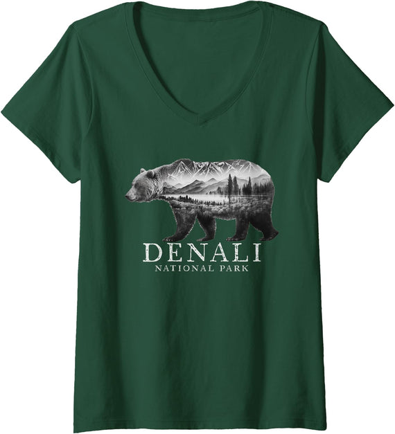 Womens Denali National Park Alaska Design Mountains Bear Souvenir V-Neck T-Shirt - Dark Green