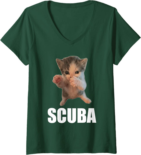 Women's Scuba Dancing Cat Vintage Meme Funny V-Neck T-Shirt - Dark Green