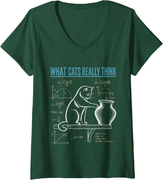 Women's What Cats Really Think Physics Cat Science Humor V-Neck T-Shirt - Dark Green