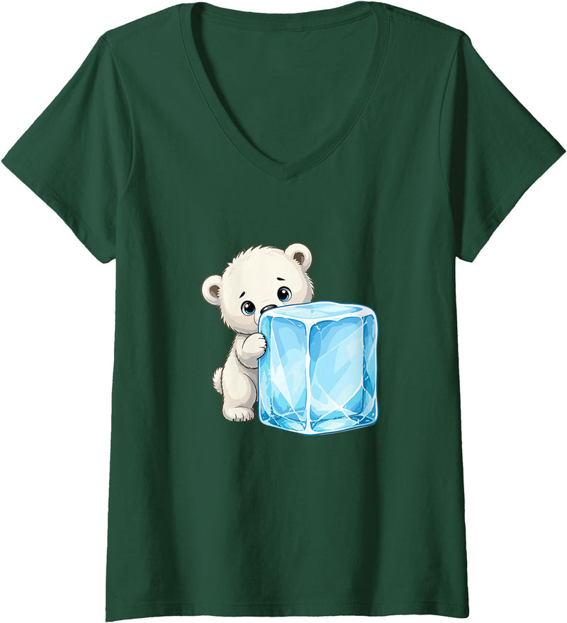 Cute Polar Bear Ice Cube Cartoon Arctic Women's Kawaii Baby Polar Bear Hugging Big Ice Cube V-Neck T-Shirt - Dark Green