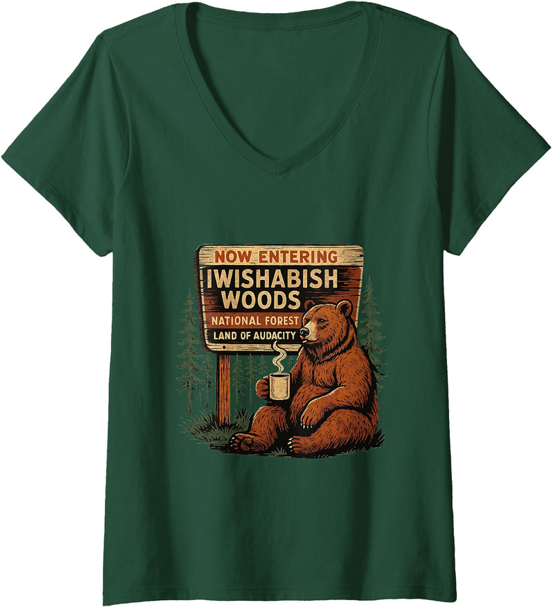 Funny Bear Woods Vintage Art Women's I Wish A Bish Woods Funny Bear Vintage Design V-Neck T-Shirt - Dark Green