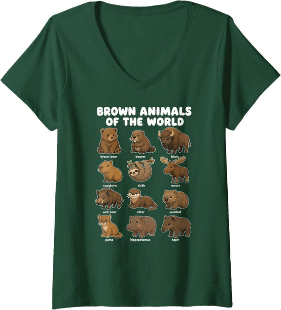 Women's Brown Animals of The World Wildlife Chart Bear Otter V-Neck T-Shirt - Dark Green