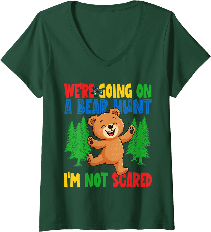 Cute Cartoon Bear Matching Family Outing for Kids Womens We're Going on a Bear Hunt I'm Not Scared Playful Kids Cute V-Neck T-Shirt - Dark Green