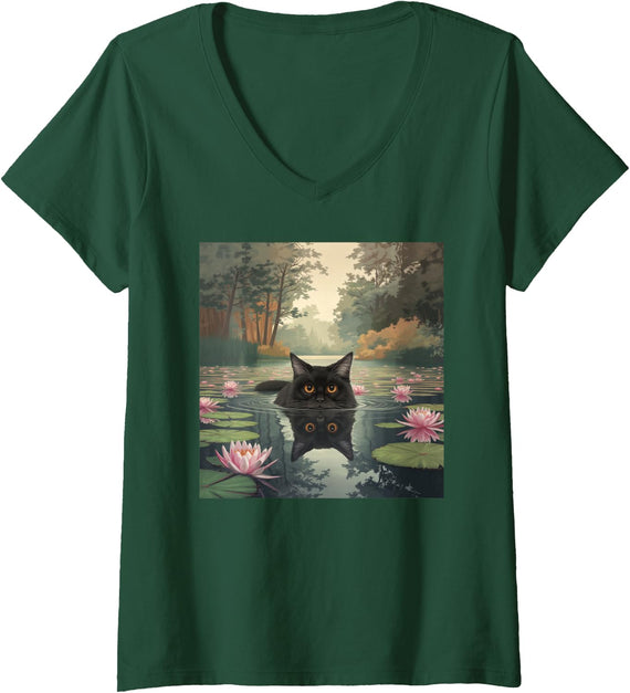 Womens Black Cat Monets Cat Waterlily V-Neck T-Shirt - Dark Green