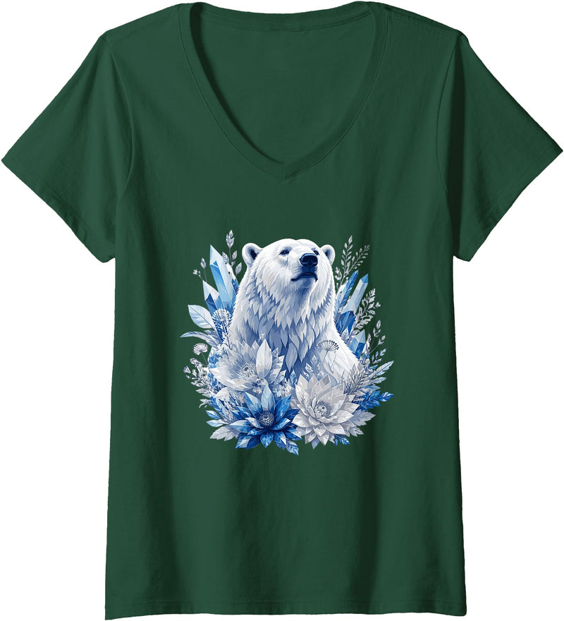 Arctic Polar Bear Crystal Flowers Nature Women's Majestic Arctic Polar Bear with Ice Flowers Fantasy V-Neck T-Shirt - Dark Green