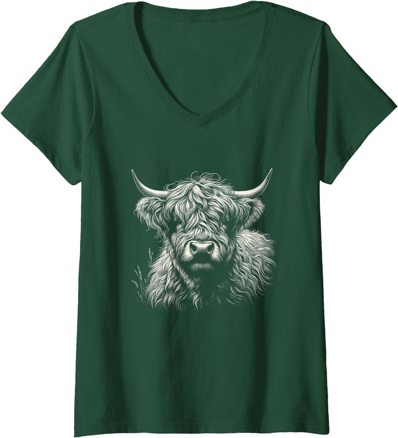Highlander Cow Lover Theme Designs Womens Vintage Scottish Highland Cow Face Graphic Cattle Art Design V-Neck T-Shirt - Dark