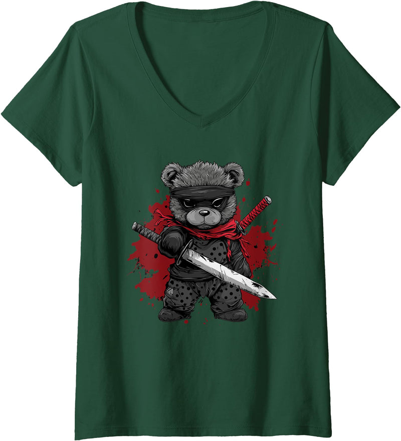 dark teddy bear love Womens Ninja Teddy Bear V-Neck T-Shirt - Dark Green
