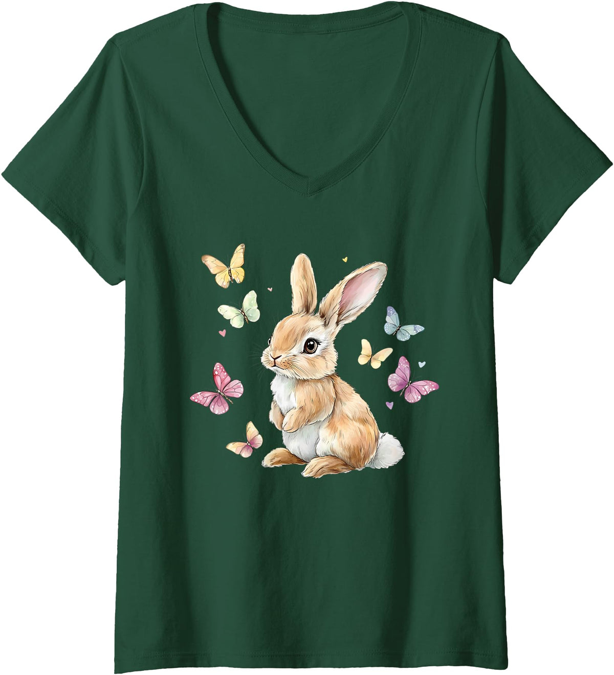 Womens Cute Easter Bunny Rabbit Butterfly V-Neck T-Shirt in Dark Green
