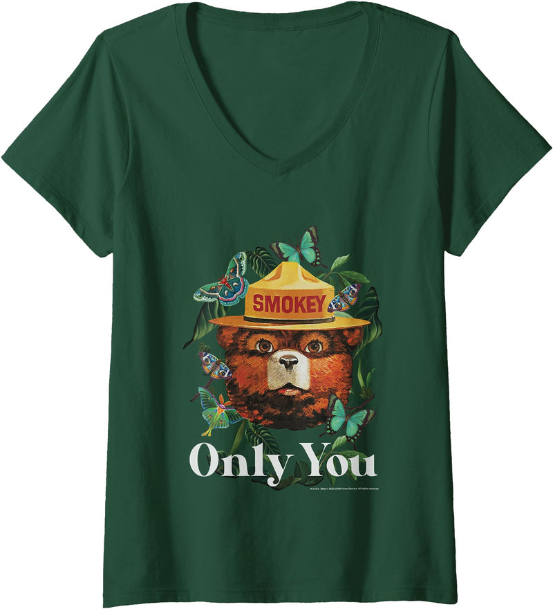 Womens Smokey Bear Only You Minimal Smokey Butterflies V-Neck T-Shirt - Dark Green