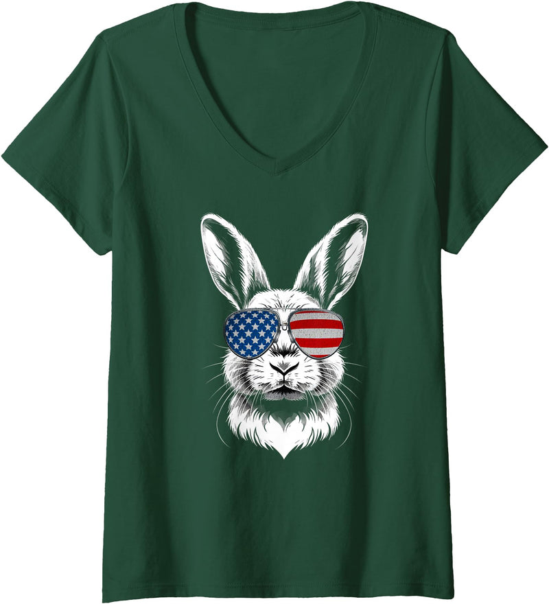 Women's American Bunny USA Pride Rabbit V-Neck T-Shirt in Dark Green