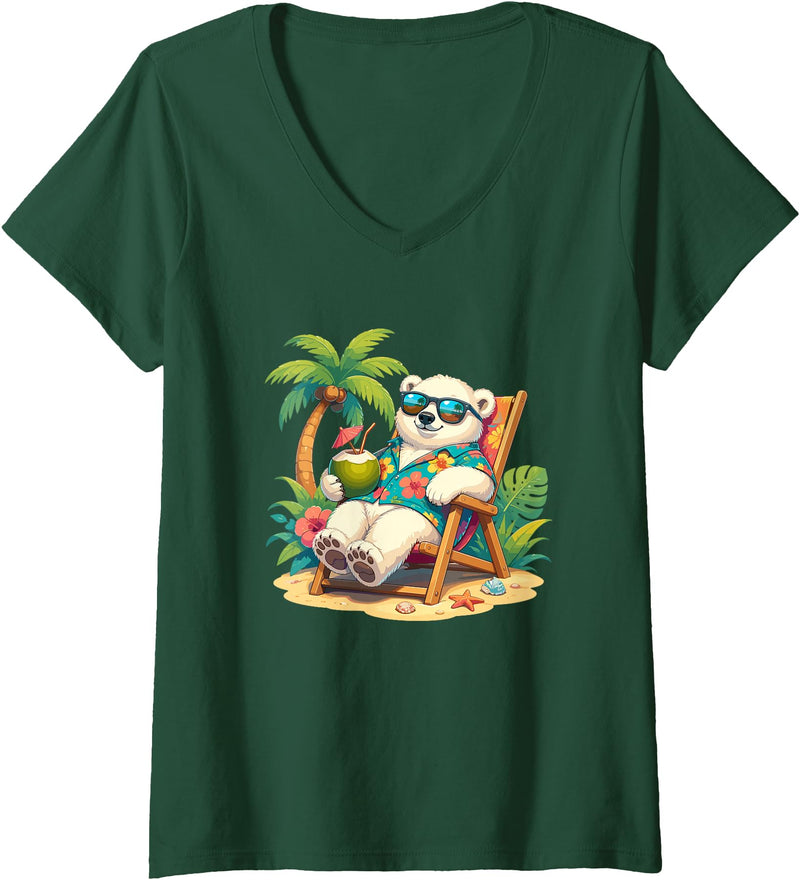 Tropical Polar Bear Summer Beach Vibes Women's Relaxed Polar Bear Hawaiian Shirt Summer Beach V-Neck T-Shirt - Dark Green