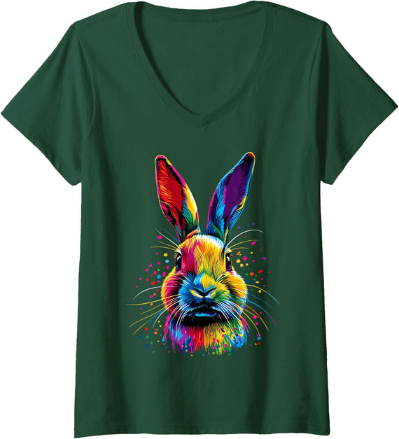 Women's Bunny Design Rabbit Brown Hare Cute Bunnies V-Neck T-Shirt - Dark Green