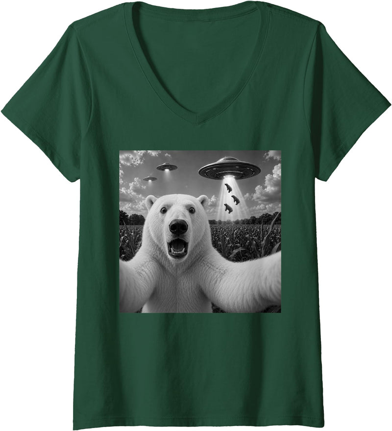 Retro Polar Bear Selfie with UFOs Meme Women's Polar Bear Selfie with UFO Alien Funny V-Neck T-Shirt - Dark Green