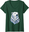 Arctic Polar Bear Nordic Snowflake Spirit Women's Winter Nordic Polar Bear Snowflake Pattern V-Neck T-Shirt - Dark Green