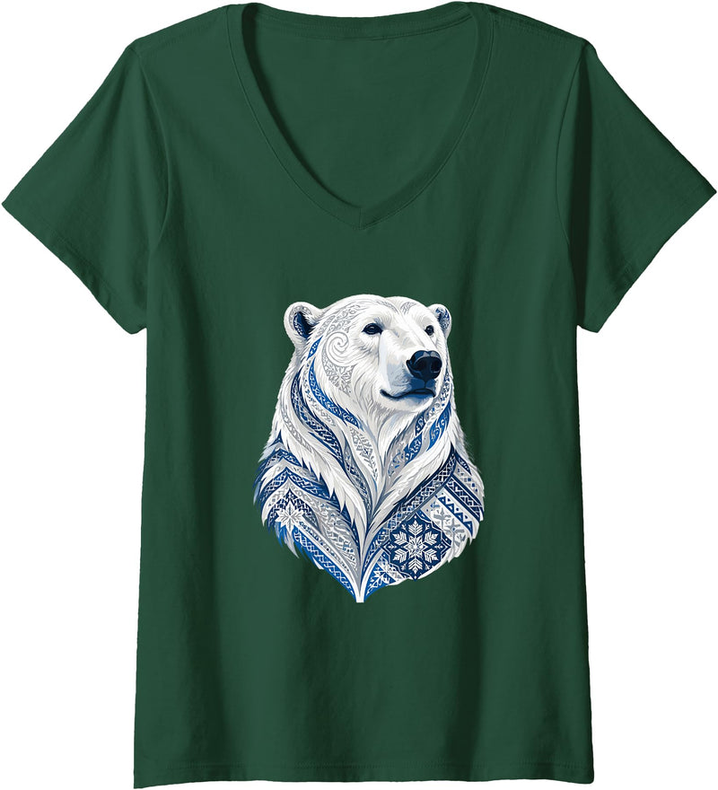 Arctic Polar Bear Nordic Snowflake Spirit Women's Winter Nordic Polar Bear Snowflake Pattern V-Neck T-Shirt - Dark Green