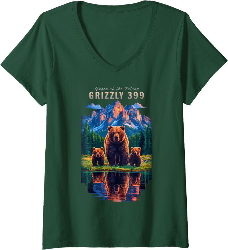 Wildlife Preserve Grand Teton Grizzly Bear Gifts Womens Grizzly 399 Bear Lovers Queen Of The Tetons National Park V-Neck T-Shirt - Dark Green