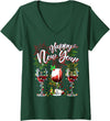 Hallothanksmas Witch Halloween Thanksgiving Xmas Womens Happy New Year 2026 New Years Eve Fireworks Glasses of Wine V-Neck