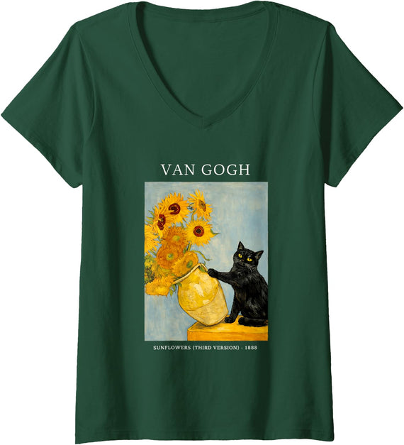 Women's Funny Mischievous Black Cat Sunflowers Vase Van Gogh Parody V-Neck T-Shirt - Dark Green